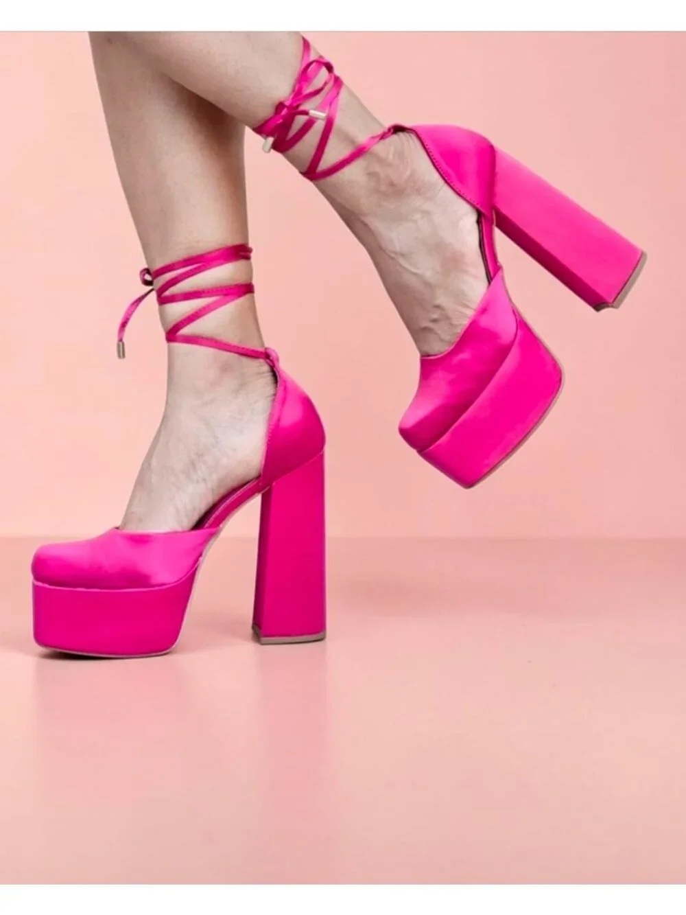 Hot Pink Block Heel Satin Platform Pumps With Ankle Straps - Womens Shoes